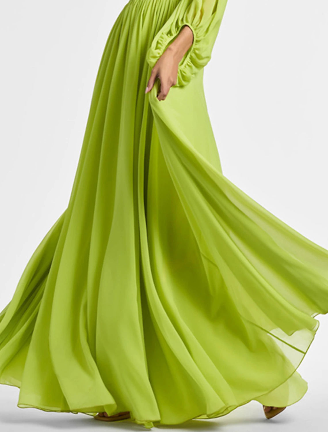 Abito da sera a trapezio, elegante, formale, da sposa, da festa, lungo, a maniche lunghe, monospalla, in chiffon con arricciature